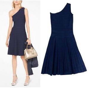 Michael Kors One-Shoulder Knit fit and flare  Skater Dress, Navy Blue Size S